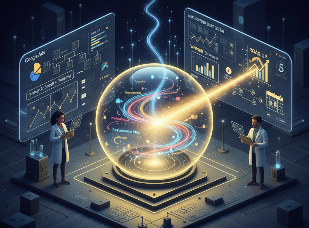 Illustration des Google Ads Mix Experiments montrant des stratégies cross-campagne